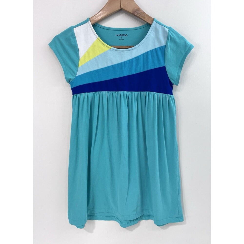 Lands End Girls 10/12 Rainbow Short Sleeve Pullover Dress Teal